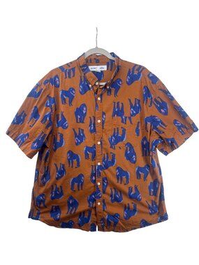 Old Navy Mens Button Shirt XL Slim Fit Brown/Blue Mandrill Monkey Print Novelty